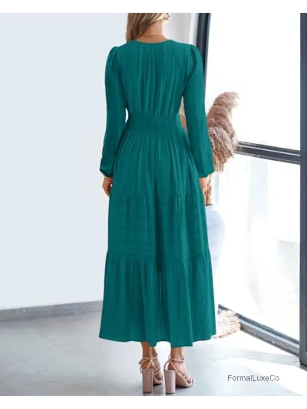 Womens Long Sleeve V Neck Maxi Dress Tiered Ruffle A Line with Pockets